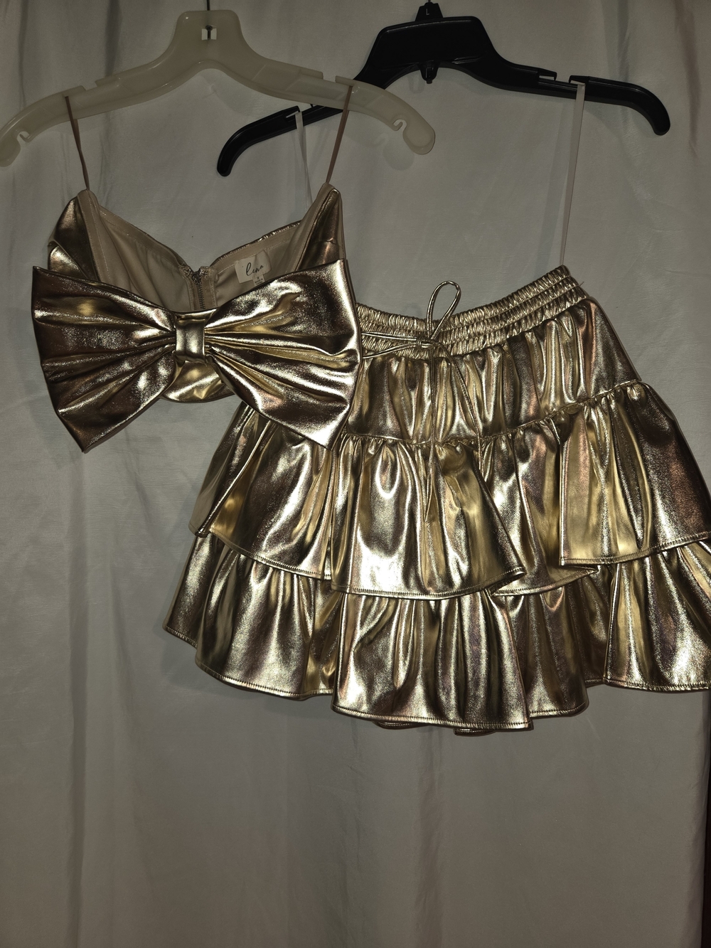 Metallic Gold Ruffled Mini Skirt and Strapless Crop - Women